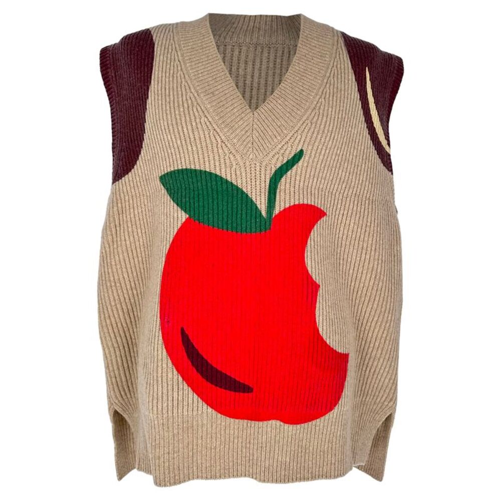 Jw Anderson Apple-Printed Ribbed Sweater Vest in Beige Wool